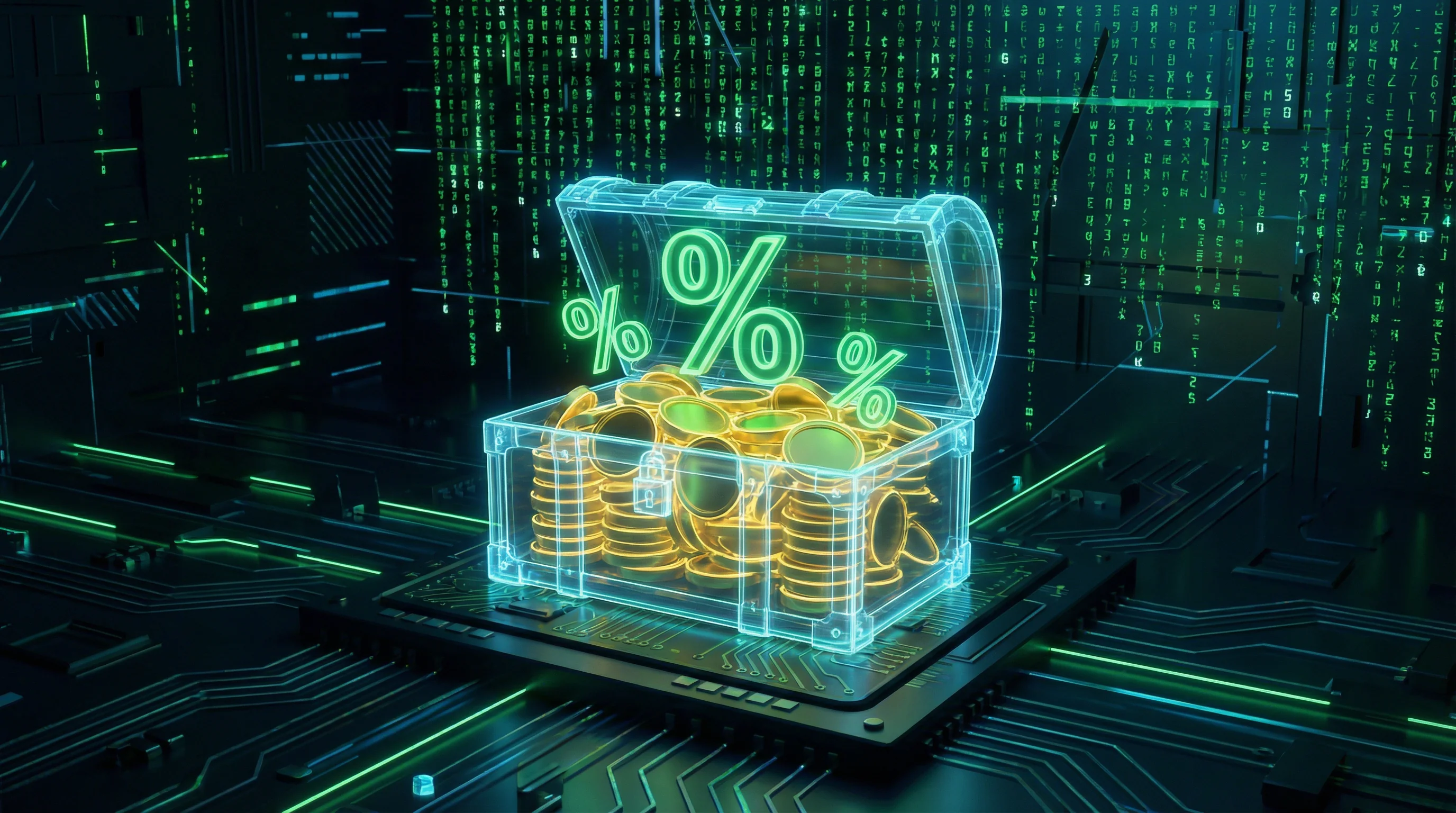 Baú de tesouro digital com moedas e símbolos de porcentagem representando bônus