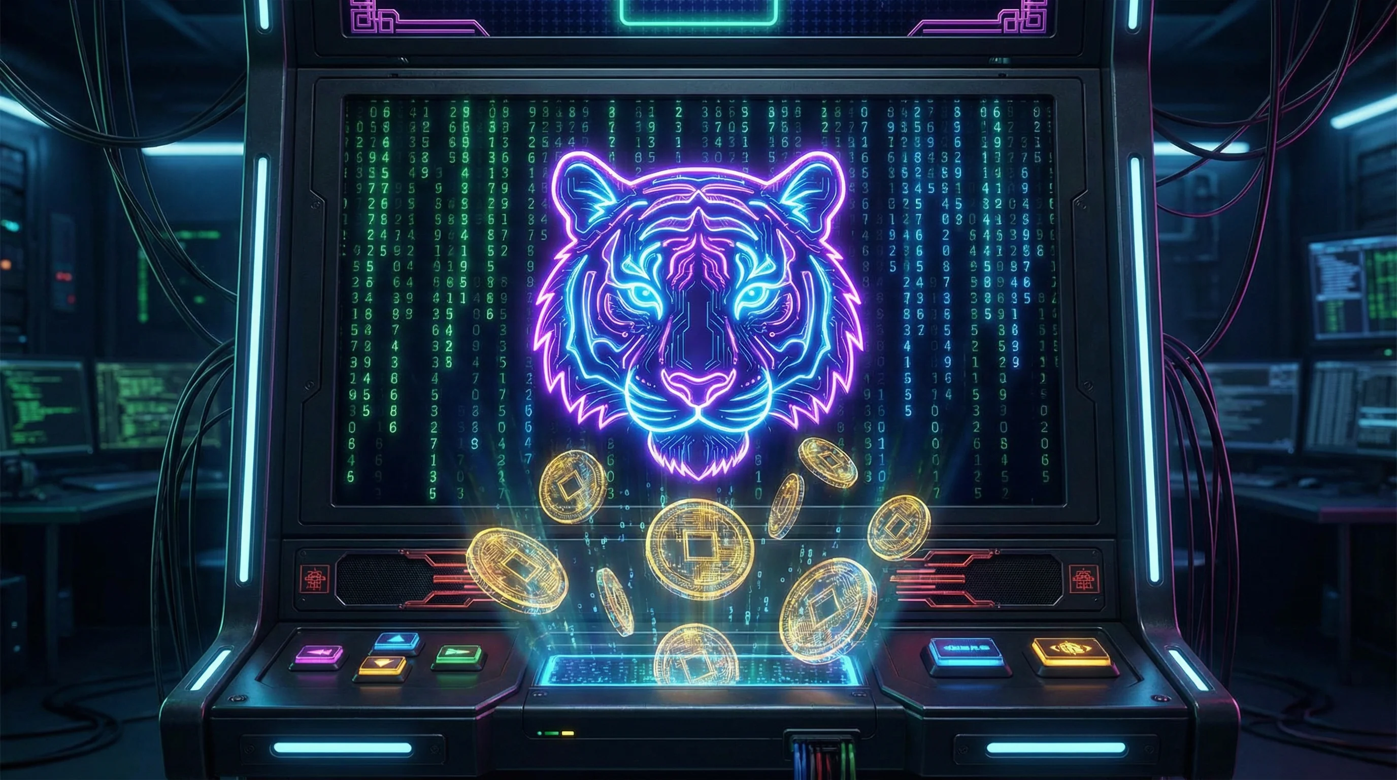 Jogo Fortune Tiger com tigre neon e moedas douradas no betaobet