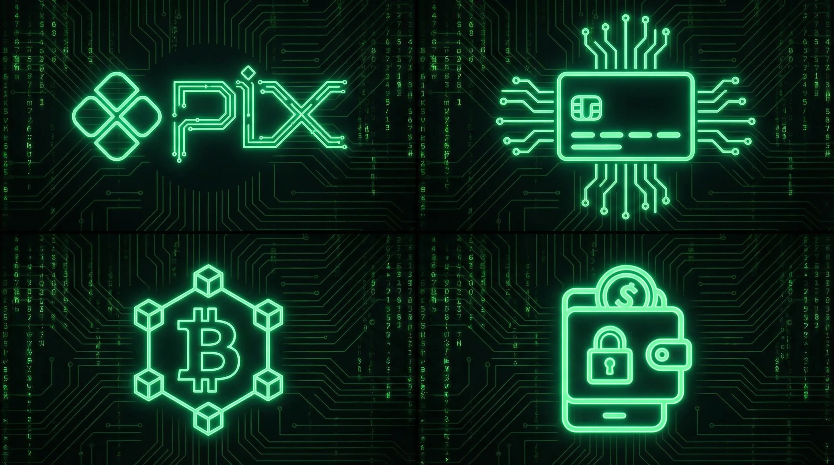 Ícones de métodos de pagamento incluindo PIX, cartões e criptomoedas